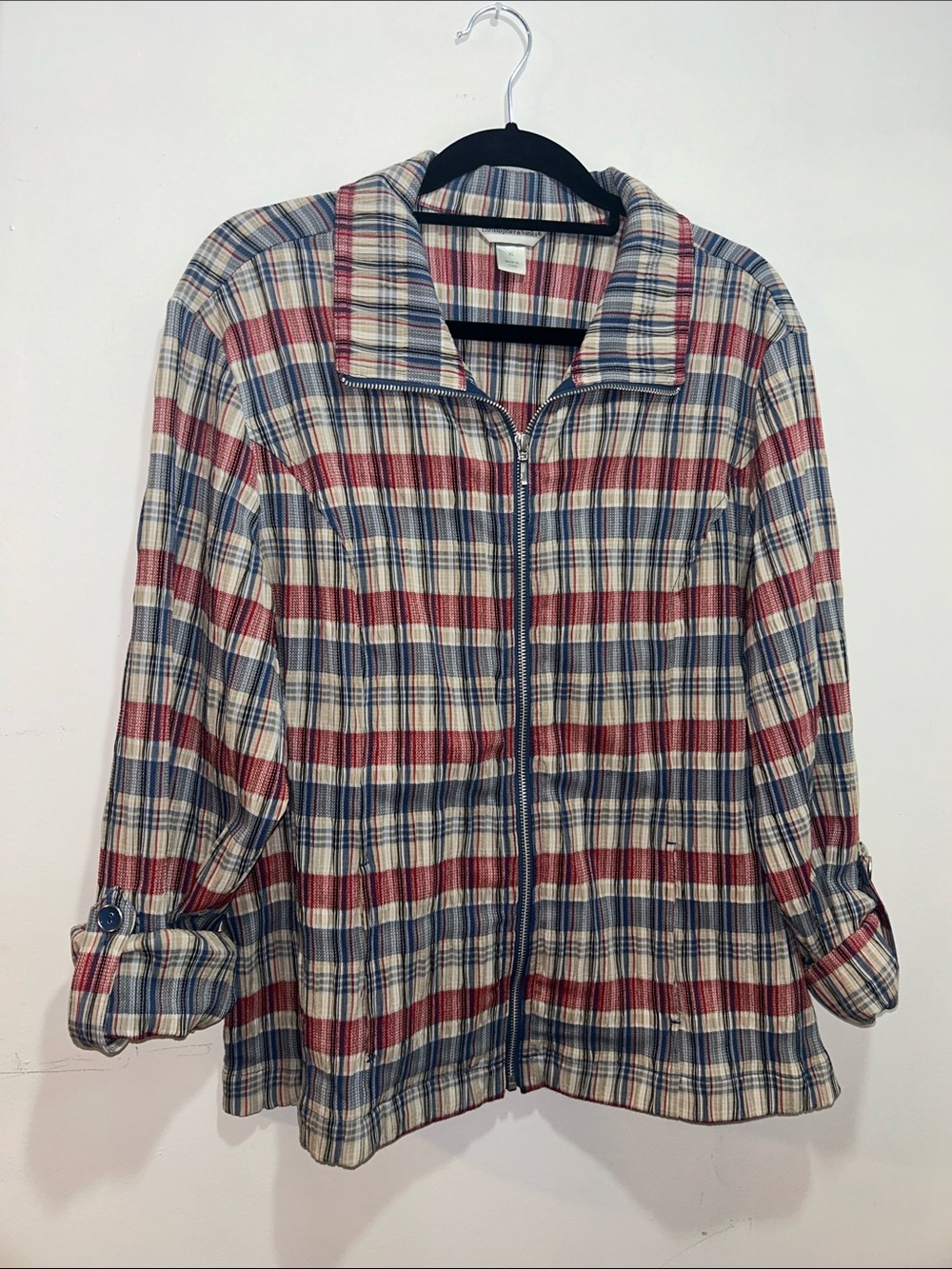Christopher & Banks Plaid Zip-Front Jacket in Red Blue & Cream Patriotic